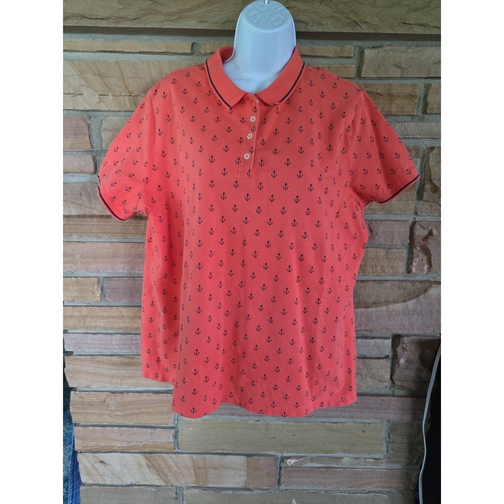 Lands End XL/P Polo Orange & Navy Mesh Print Anchor Pattern Sailing Nautical